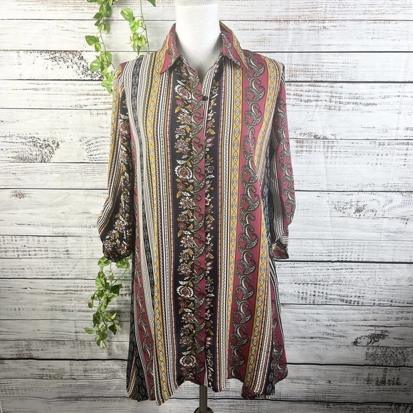 Melissa Paige Blouse Tunic size Small Burgundy Gold Paisley Sheer Lagenlook Slim - Picture 1 of 12